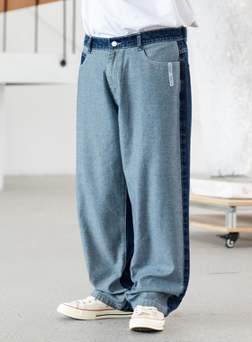 GEEEKPANDA大码直筒牛仔裤男宽松街头春秋设计感拼接休闲长裤8565