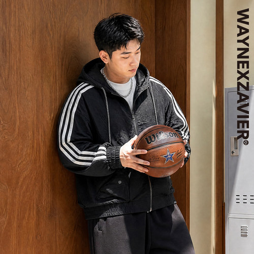 GEEEKPANDA宽松大码秋男连帽绉面肌理织带撞色运动休闲薄外套JK01