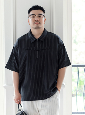 GEEEKPANDA加大宽松大码男夏拉链翻领条纹抗起球休闲POLO衫9221