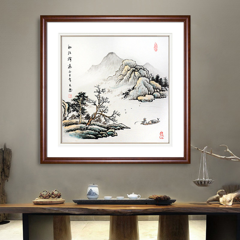 纯手绘斗方山水国画中式餐厅墙面装饰挂画水墨字画沙发背景墙壁画
