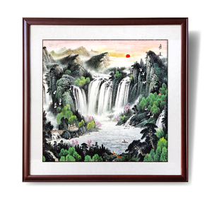 办公室正方形山水画客厅斗F方装饰画国画聚宝盆新中式餐厅玄关画