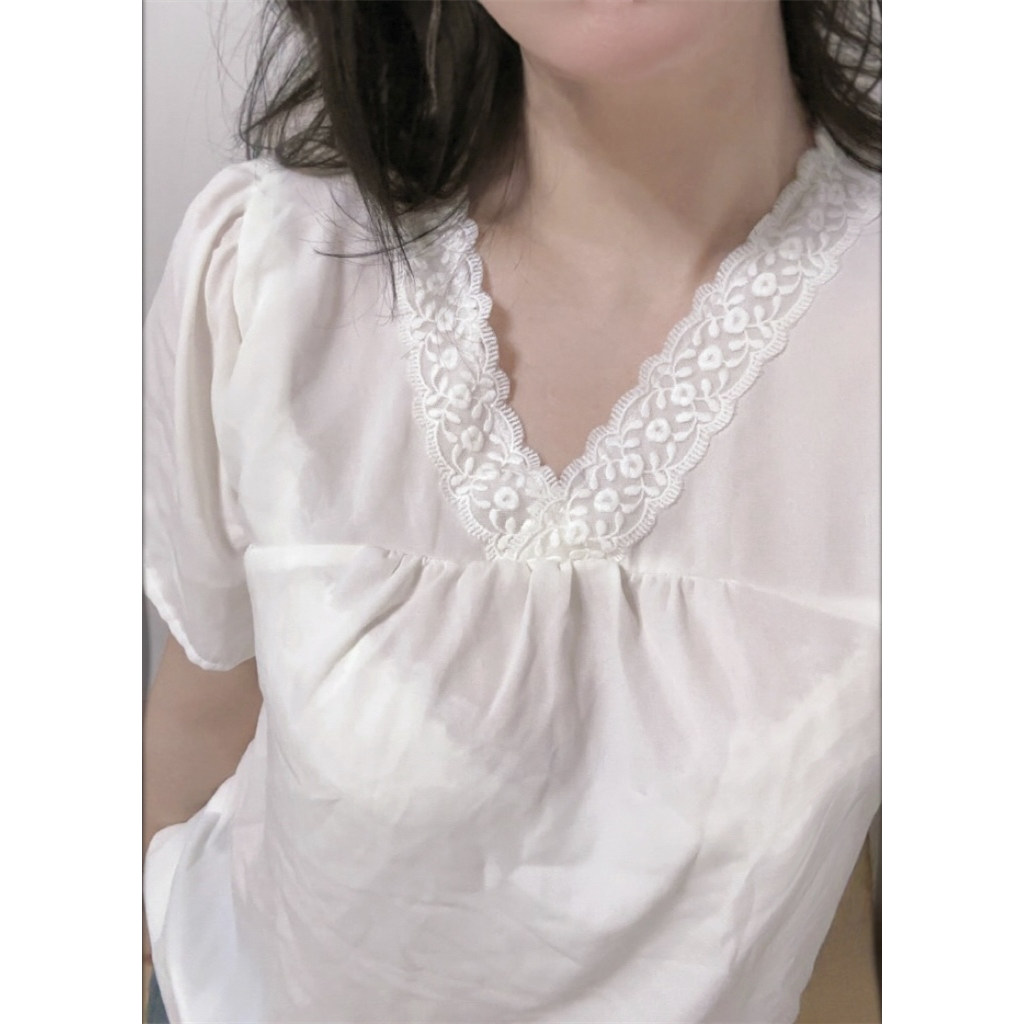 薄款性感辣妹纯欲风白色透视衫雪纺衫蕾丝花边V领短袖衬衫女夏