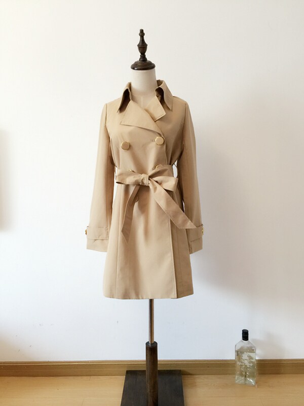 日系简约ol经典款双排扣收腰蝴蝶结优雅风衣外套春秋127