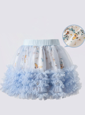 半身裙公主风蓝色印花网纱蓬蓬裙花边甜美童装女宝tutu裙套装夏季