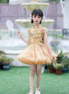 2025夏季中国风公主凸凸裙女孩超仙蓬蓬纱黄色连衣裙宝宝周岁生日