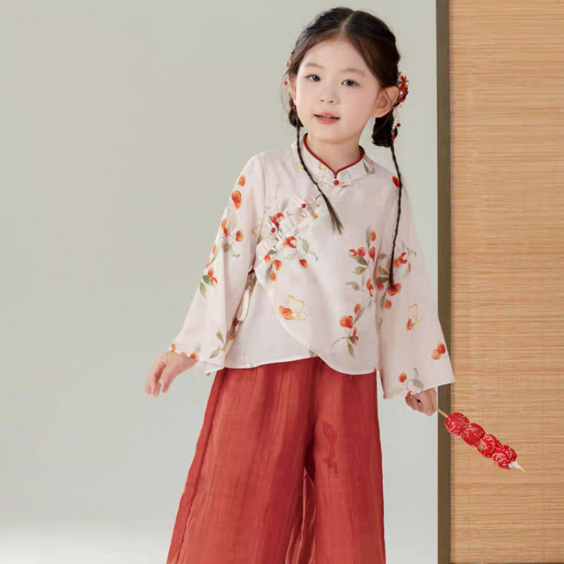 汉服套装2026年春秋盘扣上衣女童汉服80%棉安全B类跨境专供
