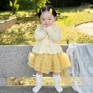 春秋季 儿童开衫 两件套 套装 女宝宝半身裙黄色蝴蝶结公主蓬蓬纱长袖