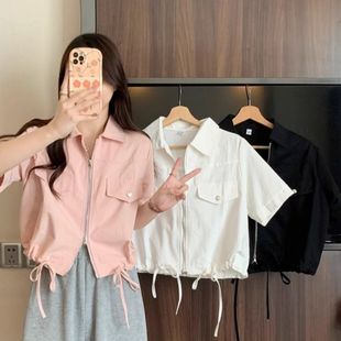 短款正肩工装上衣女夏天新款微胖显瘦设计感双拉链气质POLO领衬衫