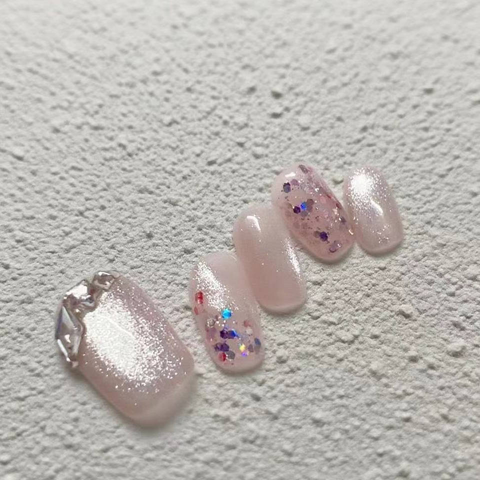 纯手工猫眼穿戴甲【透粉】短款高美甲工具