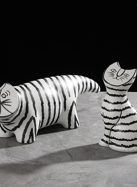 黑白条纹抬头陶瓷猫宠桌面摆件
