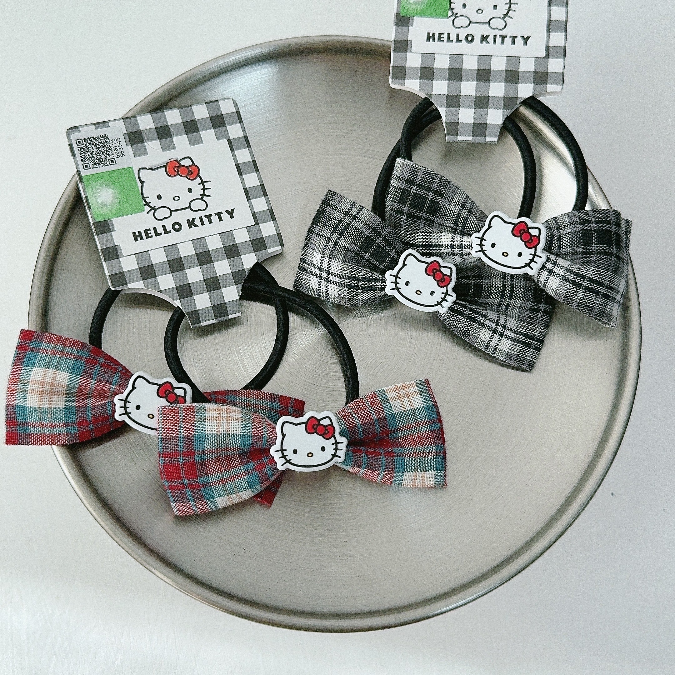 正版kitty格子蝴蝶结发圈女扎头发绳头绳皮筋发饰学院风双扎
