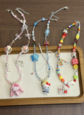 韩国进口可爱卡通Kitty猫吊坠项链蓝星蝴蝶结少女