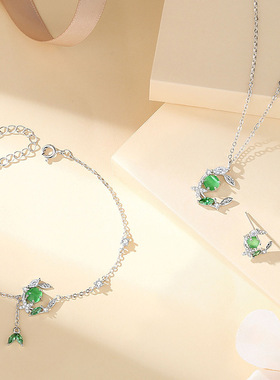 原创s925纯银常青藤手链女ins森系级感猫眼石流苏手环枝叶手饰