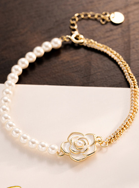 山茶花珍珠手链女925纯银法式ins小香风手串小红书同款复古手环