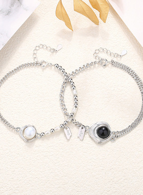 原创白昼黑夜情侣手链女纯银ins风几何黑玛瑙珍珠手串七夕礼物