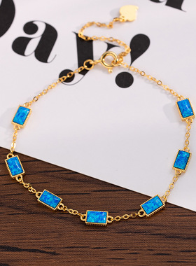 欧美风小方糖手链女925纯银夏季ins风跨境爆款手环欧泊石级感手饰