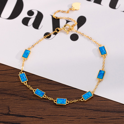 欧美风小方糖手链女925纯银夏季ins风跨境爆款手环欧泊石级感手饰