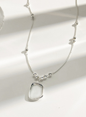 s925纯银光面方形项链女韩版ins法式复古小香风锁骨链小众高级感