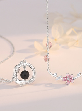 原创樱花树下情侣项链纯银一对夏季森系ins花朵锁骨链灵动黑曜石
