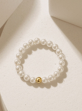 s925纯银贝珠戒指女百搭ins风小金豆食指戒网红复古气质串珠尾戒