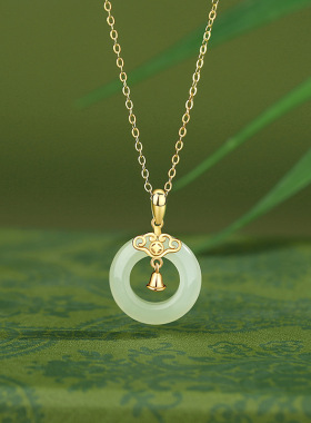 宫铃平安扣项链女925纯银文艺复古风中式如意铃铛和田玉吊坠小众