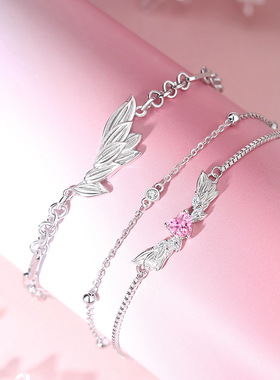 原创s925纯银羽你相恋情侣手链ins小众级感爱心羽翼手环520礼物