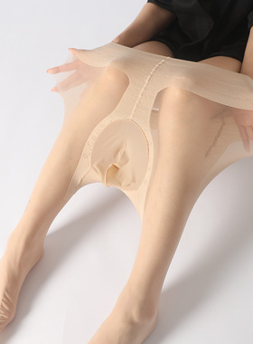 200斤T裆黑丝袜大码男士带JJ套连裤袜高腰天鹅绒超薄哑光丝袜加肥