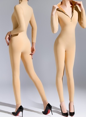 600克胸无缝前拉链加绒连身袜立领加厚保暖袜男JJ套九分裤连体袜