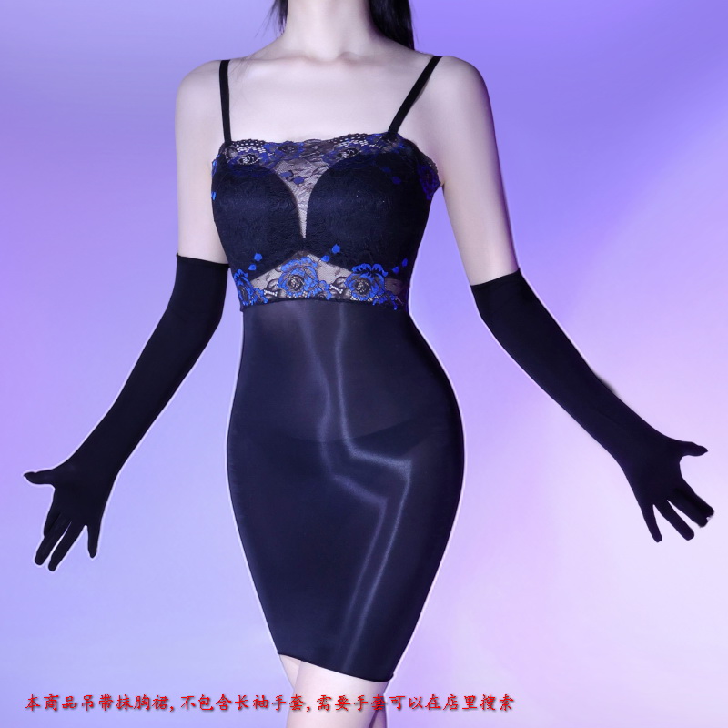 性感蕾丝裹胸吊带睡裙女超薄油光丝袜连体裙透明抹胸中长款裙袜子