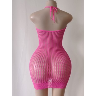 吊脖渔网吊带裙蕾丝花边针织网眼裙系脖包臀裙弹力丝袜连身裙露背