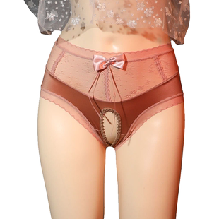 开裆短裤 大码 性感 女中腰仿绸缎拼结三角裤 160斤带蝴蝶结蕾丝内裤