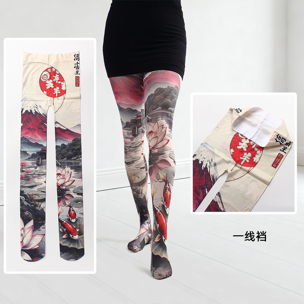 日系彩色玫瑰印花连裤袜