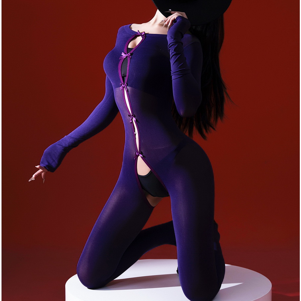 天鹅绒镂空蝴蝶结开档连体袜