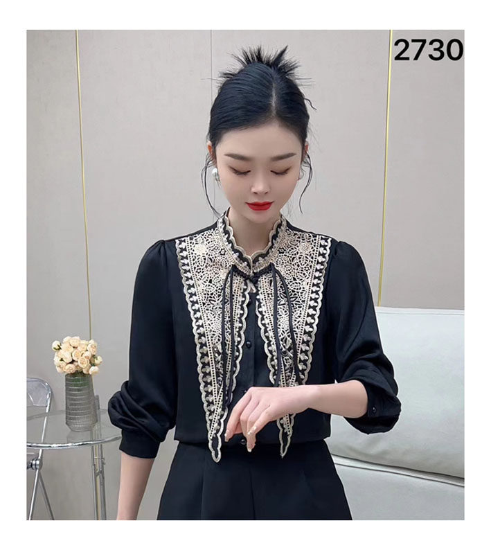 立领衬衫百搭绣花高端小衫泡袖排扣复古气质修身显瘦衬衣甜美上衣