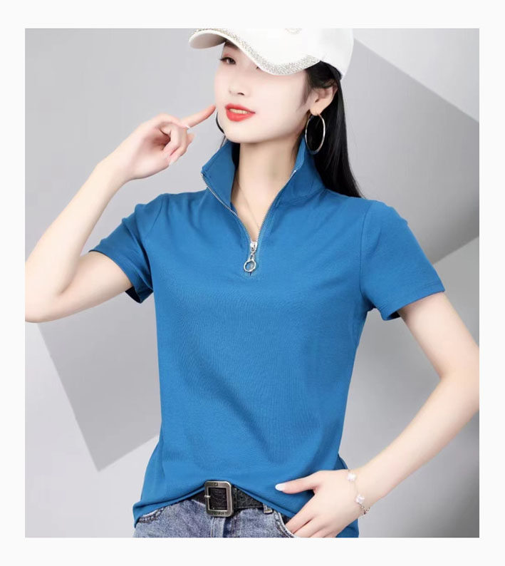 短袖T恤衫立领拉链打底百搭时尚修身显瘦纯棉体恤大码女半袖上衣2