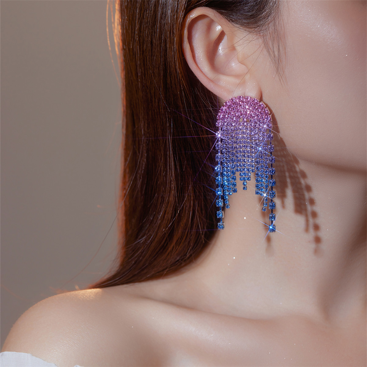 欧美时尚炫彩闪亮满钻流苏耳环女 高级感气质水钻耳饰品earrings