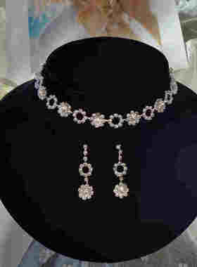 町卡高级感奢华超闪满钻项链耳环套装套链新娘首饰两件套婚纱配饰