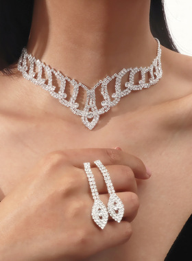 欧美经典款镶钻闪亮项链耳环两件套 婚宴礼服配饰 水钻首饰套装