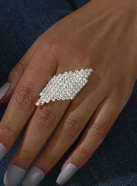 简约满钻几何四边形戒指时尚轻奢