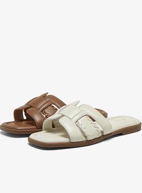 专柜正品百思图2026夏款女羊皮平底一字拖休闲外穿拖鞋USI41BT6