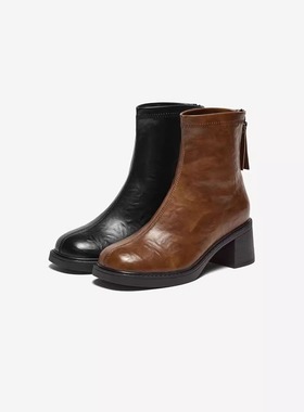 专柜正品拔佳2024冬款女百搭弹力复古纹理通勤粗跟短筒靴90721DD4