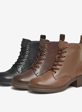 专柜正品他她2024冬款女靴粗跟英伦马丁靴休闲黑色短靴7C840DD4