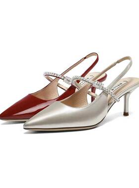 专柜正品百丽2026夏款女优雅尖头包头凉鞋水钻带细高跟鞋3J4B4BH6