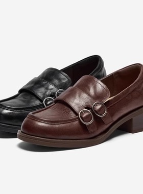 专柜正品拔佳2025秋季新款女鞋乐福鞋复古英伦风粗跟单鞋51536CA5