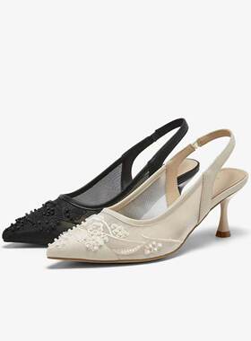 专柜正品百思图2026夏款女后空凉鞋时尚通勤细高跟尖头鞋K8681BH6