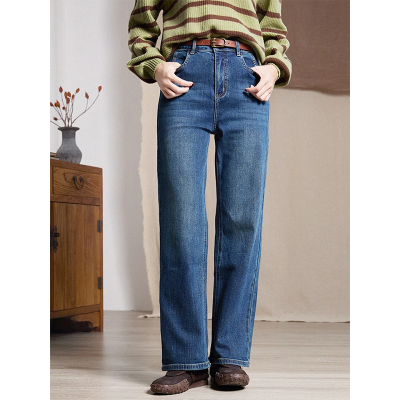 谷家 水洗蓝文艺百搭牛仔直筒裤 柔软舒适高腰显瘦烟管裤长裤子女