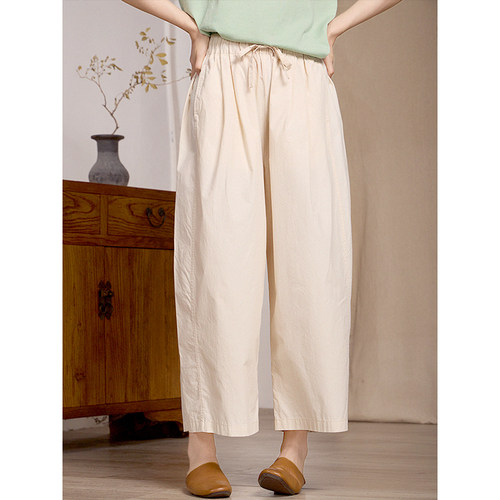 谷家 50支轻柔水洗棉透气阔腿裤 原创棉麻风格松弛感休闲裤子女夏