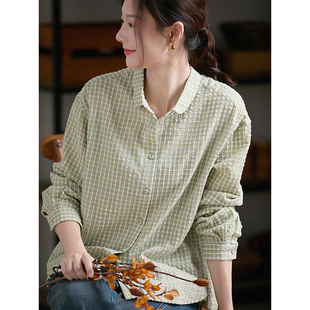 上衣 立体剪裁松驰感宽松显瘦长袖 谷家 原创文艺肌理全棉格子衬衫