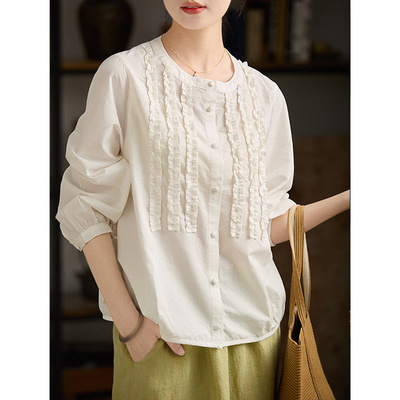 谷家 蚕丝&棉原创文艺精致圆领白色衬衫女 立体花边浪漫打底上衣
