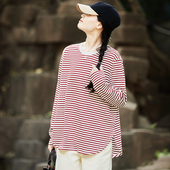 宽松长袖 条纹圆领T恤 打底衫 女2026春季 谷家 新款 全棉中长款